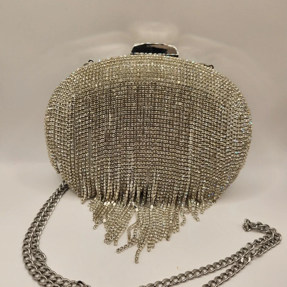 New Olga Berg Bria Crystal Fringe Clutch Rhinestone Chain Strap Silver Evening C